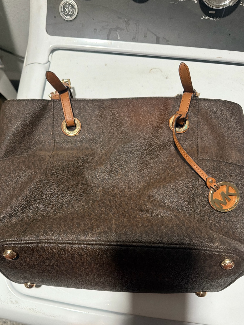 Michael Kors Brown Logo Shoulder Tote With Gold Hardware